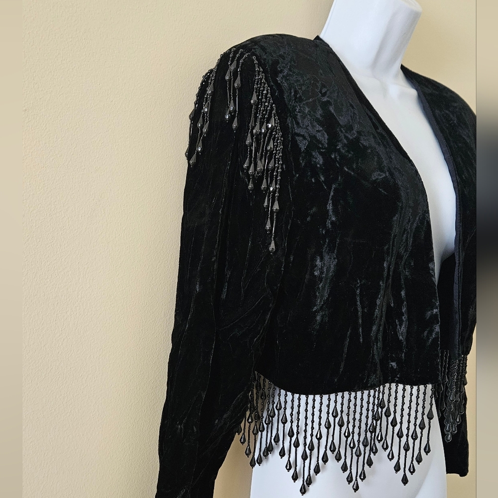 Vintage ALEX EVENINGS Cropped Velvet Jacket Beaded Fringe Retro Glam Size Large - Picture 6 of 13